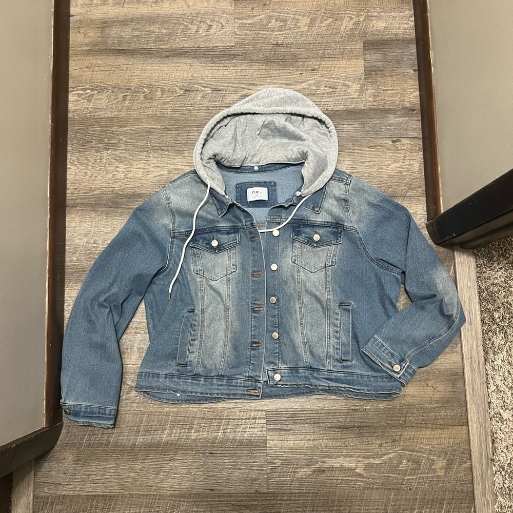 Plus size Blue Denim Jacket with Gray Hood